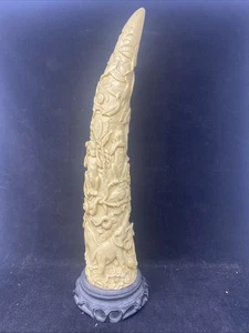 Faux Ivory 17” Carved Animal Tusk Signed Base Elephants, Monkeys, Snakes, Birds - Picture 1 of 5