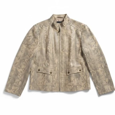 Alfani Petite 真皮浮雕蛇皮摩托车夹克米色 Edgy Chic M — 第 1/4 张图片