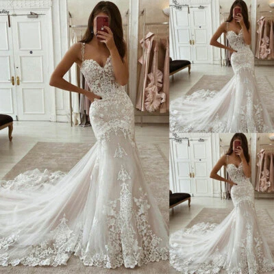 Gorgeous Mermaid Sweetheart Wedding Dress Lace Applique With Strap Chapel Train - Image 1 of 4