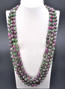 3 Rows 8/10mm Green Ruby In Zoisite Round Gemstone Beads Necklace 18-20'' PN1775 - Picture 1 of 7