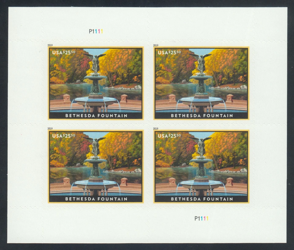 US Stamp Scott #5348 Bethesda Fountain 2019 Overnight Priority Mail Pane of 4 - Image 1 of 1