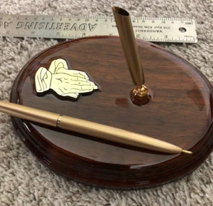 PRAYING HANDS Pen Desk Set, Walnut Lacquered Base NEW Home Made "Christmas Gift" - Picture 1 of 3