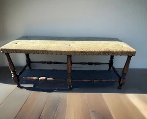 Antique 6 Turn Carved Elm Legs Upholstered Bench, 18th Century - Picture 1 of 9