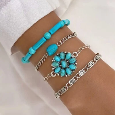 Blue Turquoise Silver Bracelets 4-Piece Set Boho Flower Tribal Style Jewelry New - Image 1 of 4
