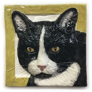 Shorthair Tuxedo Cat Ceramic Pet Portrait 3d tile Handmade Sondra Alexander Art - Picture 1 of 3