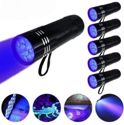 MARKENLOS Aluminium 9 LED UV Schwarzlicht Leuchte 5er SET - Outdoor Taschenlampe Prüflampe