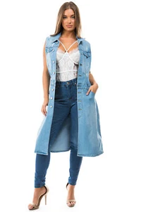 Women's Juniors Premium Denim Trucker Dress / Long Sleeveless Jacket - Picture 1 of 7