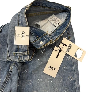 Pantalones de mezclilla OAT para mujer 2/26 azul estampado de corazón pierna ancha Y2K Indie Grunge nuevos con etiquetas - Imagen 1 de 8