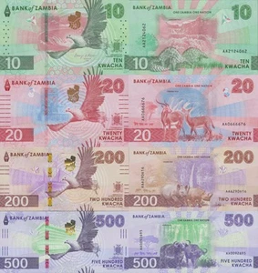 Zambia 10 20 200 500 Kwacha 2024 2025 P Nueva Edición Prefijo AA UNC Set 4 piezas - Imagen 1 de 1
