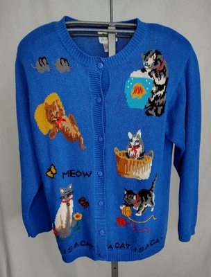 Vtintage Quacker Factory Cat Cardigan Sweater Womens Sz Med A Cat Is A Cat Blue - Image 1 of 4