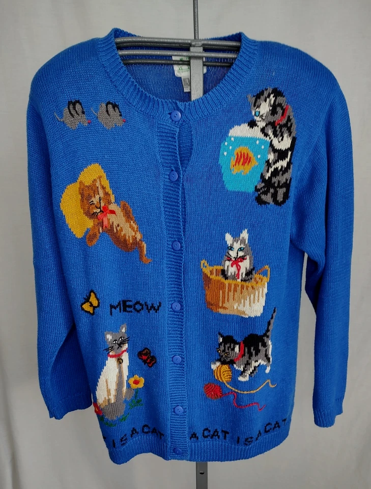 Vtintage Quacker Factory Cat Cardigan Sweater Womens Sz Med A Cat Is A Cat Blue - Image 1 of 4
