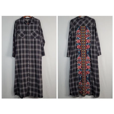 Maxi Camisa Vestido Andree by Unit Franela a Cuadros Floral Bordado Talla L Oscuro Multi Foto 1 de 4