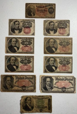 Lot of 10 U.S. Fractional Currency Notes – 10¢ 25¢ 50¢ – Civil War Era - Image 1 of 4