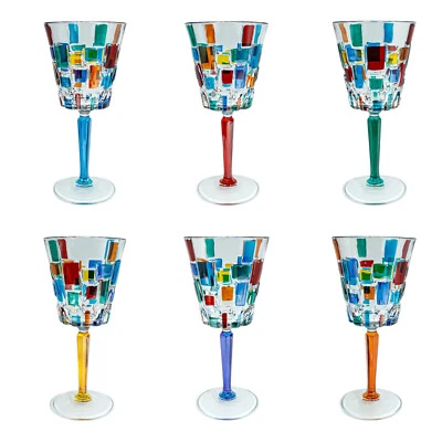 Set of 6 Six Murano Wine Glasses Hand Painted Multi Mixed Stems Italy - Image 1 of 4