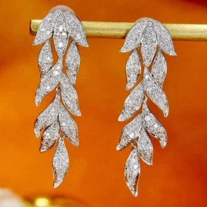 Leaf Fringe Pave Natural Diamond Women Earrings Dangle Solid 14K White Gold Gift - Picture 1 of 7