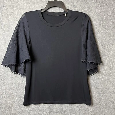 Elie Tahari Ida Knit Top Womens Large Navy Blue Lacey Sleeves Comfy Dressy Shirt Foto 1 de 4