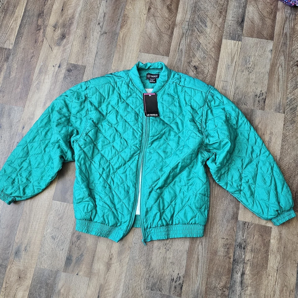 全新带标签复古 LIZ THOMAS 女式 M 绿色 80 年代尼龙衬里贝壳夹克 Deadstock  — 第 1/4 张图片