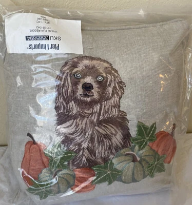 Pier 1 Imports Embroidered Reggie the Dog Pumpkin Pillow Fall 12" x 12" NWT - Image 1 of 4