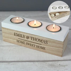 Personalised Triple Tea Light Box Candle Holder Birthday Gift Wooden New Home - Picture 1 of 12