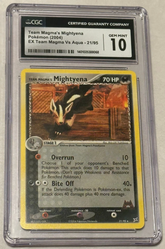 Team Magma's Mightyena CGC 10 Gem MINT, EX Magma Vs Aqua 21/95 2004 Pokemon Card - Image 1 of 4