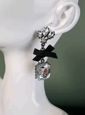 Betsey Johnson Iconic Glam Bow Art Deco Clear Jewel Crystal Black Bow Earrings - Image 1 of 4