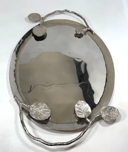 Michael Aram Silver with Two Botanical Leaf Handles Oval Serving Tray 20" Long - Picture 1 of 9