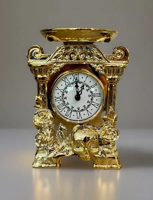 Bath And Body Works Clock Gold Skulls And Roses 3-Wick Holder Glows Halloween - Image 1 of 4