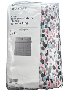 New 3 Pc IKEA SMASTARR CHARCOAL CORAL PINK BLACK  King  DUVET Set 2 Pillowcases - Picture 1 of 4