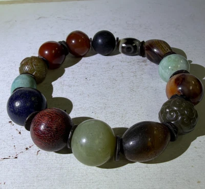 Rare Antique/ Vintage Chinese Jade, Stone, Dzi, Nuts Mixed Prayer Beads - Image 1 of 4