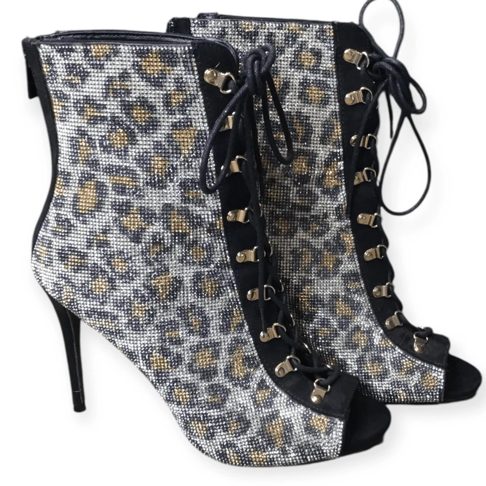 ANNE MICHELLE женщин гепард печать со стразами на шнуровке заглянуть носок Stiletto ботинок - Изображение 1 из 4