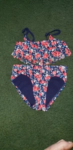 Girls Justice 2 Piece Swimsuit Blue w Flowers Size 6 - Picture 1 of 2