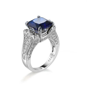 Blue AAA Cubic Square Cut CZ Band Women's White Gold Filled Party Ring Size 6-10