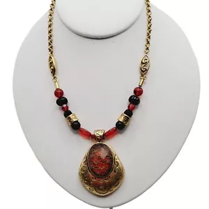 Collar Colgante con Cuentas Chico's Satinado Tono Oro Rojo Negro Doble Cadena - Imagen 1 de 8