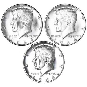 1964 P D Proof - Proof e 2 monete Kennedy mezzo dollaro 3 non circolate set 90% - Foto 1 di 3