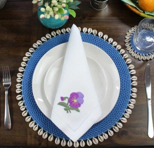 NEW Eco Handcraft Set of 4 Rattan Placemat-Premium Seashell-Trimmed-Blue - Picture 1 of 4