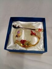 Ornate Floral Butterfly Enamel Glass Mug With Spoon Set - New In Box