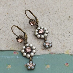 Michal Negrin Earrings Long Dainty Mini Pearls Cream Floral & Swarovski Crystals - Picture 1 of 10