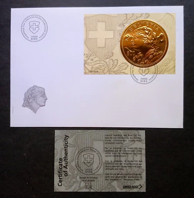Switzerland - "COIN ON STAMPS ~ GOLD VRENELI" Special Real Gold MS FDC 2013 - Image 1 of 4