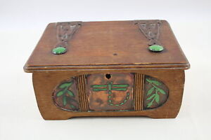 Arts & Crafts Wooden Box For Restoration Inc. Hammered Copper & Enamel Details