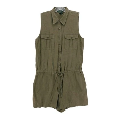 LAUREN RALPH LAUREN Romper Linen Blend Olive Green Brown PETITE Size 12 P - Image 1 of 4