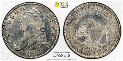 1827 Capped Bust Half Dollar PCGS AU DETAILS SQUARE BASE 2 GOLD SHIELD #414-3 - Image 1 of 4