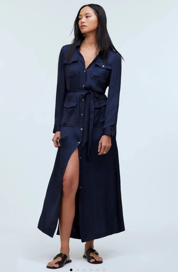 MADEWELL Midi Dress Women Medium Deep Indigo Satin Utility NR775 *No Belt*