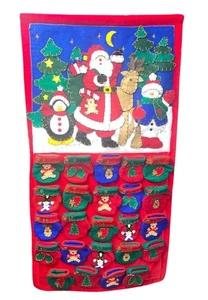 Embroidered Velvet Santa Reindeer Penguin Stocking Advent Calendar Wall Hanging - Picture 1 of 4