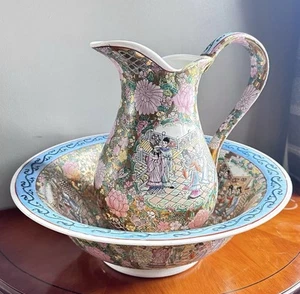 Huge Chinese Jug And Bowl Set. Hand Painted With Gold Guilding Famille rose - Picture 1 of 6