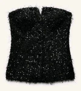 Zara Fringed Sequin Black Bustier Top Small Size - Picture 1 of 6