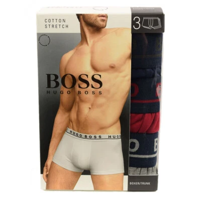 HUGO BOSS Mens 3 Pack Red Navy Gray Trunk Cotton Stretch Underwear SMALL NWT - Image 1 of 2