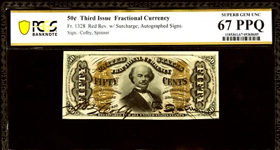 US 50c Fractional Currency Autographed Red Back FR1328 COLBY SPINNER PCGS 67 PPQ - Image 1 of 4