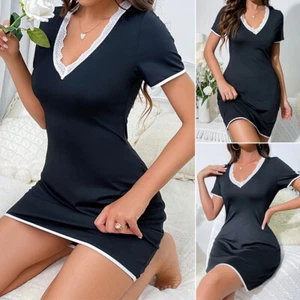 Women's Sexy Lingerie Deep V Neck Slim Fit Dress Short Sleeve Chemise Sleepwear - Picture 1 of 36