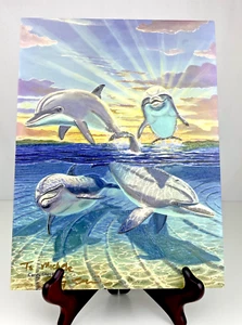 Carey Chen Signed Porcelain Tile Dolphins Ocean Made USA Rare HTF Textured Hand - Picture 1 of 8