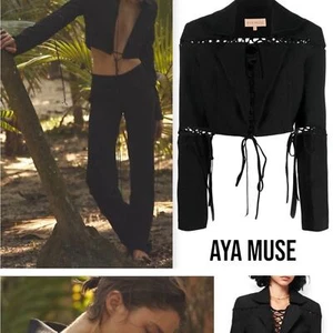 NEW Aya Muse Sycamore Cropped Blazer Jacket Cut Out Tie Black Size M - Picture 1 of 16